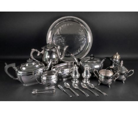 A small silver butter knife, London 1909, a Regency style electroplate three piece tea service, an electroplate coffee servic