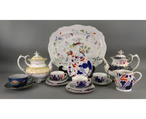 Three Victorian Gaudy Welsh tea cups, saucers and plates, a similar Allertons jug, a pair of early Victorian melon pattern si