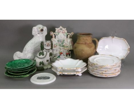 A Davenport 13-piece part dessert service, with ribbon tied gilt shaped borders, Victorian Staffordshire flatback highland fi