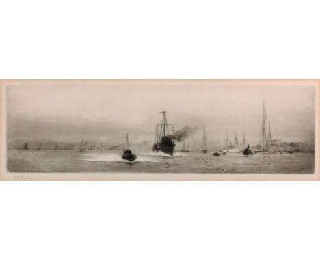 William Lionel Wyllie (British, 1851-1931), A South Coast Harbour, signed in pencil, etching, 10 x 35cm.
