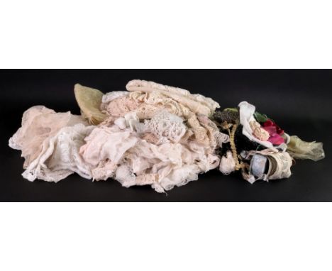 A large collection of machine and hand made lace, accessories and trimmings, a blonde Maltese double shawl, a Maltese lace co