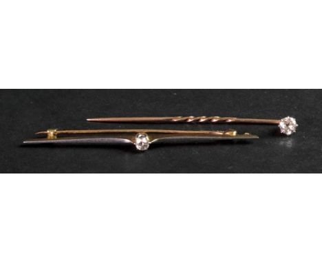 A diamond set stick pin, the brilliant cut diamond approximately 0.30ct and a diamond set bar brooch, the brilliant cut diamo