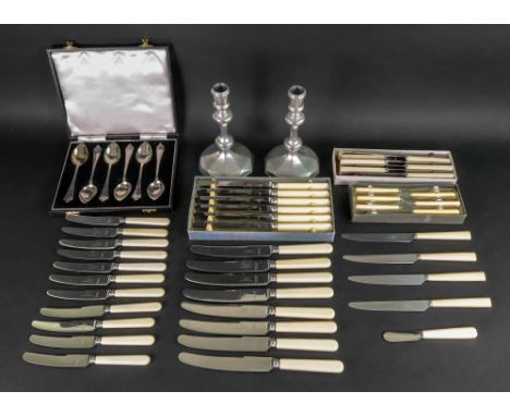 Electroplate flatware and cutlery including a part canteen of various cased sets, also a pair of Steiff pewter candlesticks (