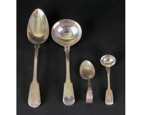 A George III silver fiddle pattern sauce ladle, Francis Higgins, London 1819, similar tablespoon, London 1818 and salt spoon,