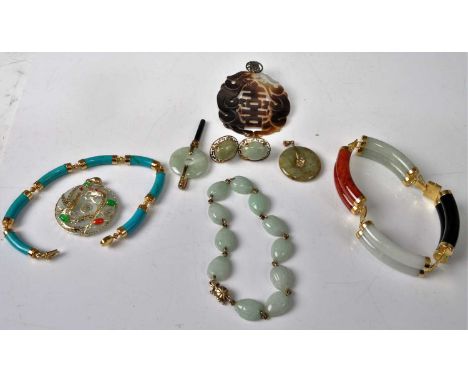 A QVC Chinese inspired 14ct gold and hardstone sectional bracelet; together with a pair of 9ct gold green hardstone set ear s