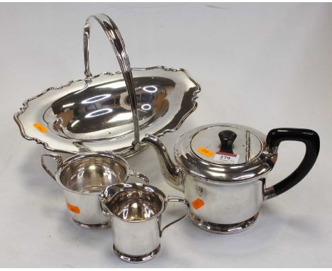 An Art Deco style three-piece Sheffield plate tea service, comprising teapot, sugar bowl and cream jug; together with a silve