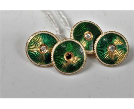 A pair of 18ct gold, guilloche green enamel and diamond set gent's cufflinks, sponsor WJH, 7.3g (a/f)Condition report: One di