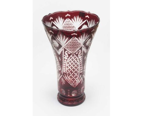 A large Bohemian style ruby overlaid and etched glass vase of trumpet shape, height 42cm