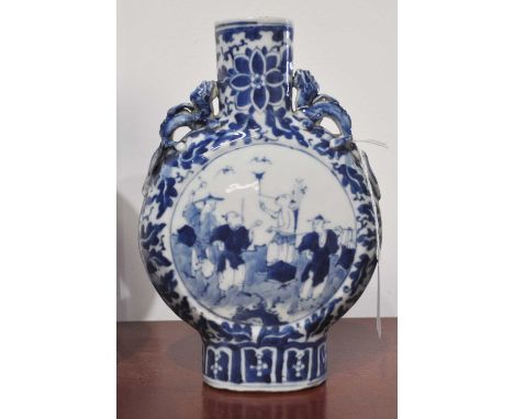 A Chinese export blue and white moonflask, of typical flattened circular form, having twin dragon handles, the opposing panel