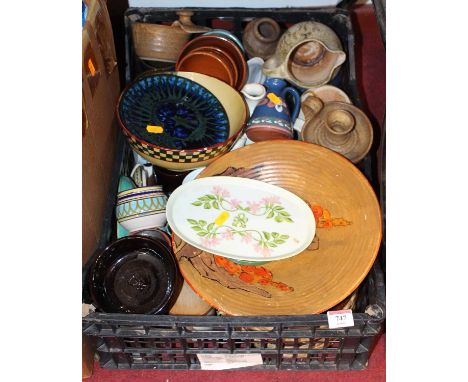 A box of ceramics to include a stoneware chamber stick, slipware jug, etc