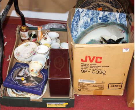 Two boxes of various ceramics to include a Royal Doulton part tea service, a blue &amp; white transfer decorated meat dish, R