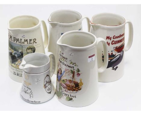 A collection of transfer printed advertising water jugs, to include Guinness with tocan and slogan "My Goodness, My Guinness"