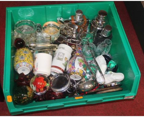 A box of miscellaneous items, to include cocktail shaker, pocket hip flask, paperweights, various resin figures etc 