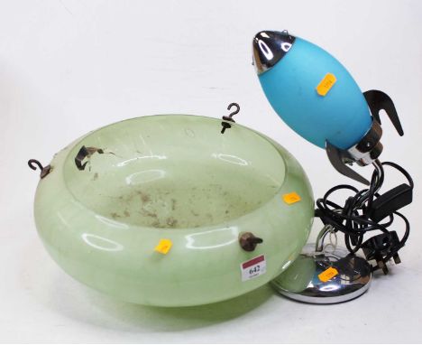 A 20th century green glass hanging ceiling pendant shade, together with a desk lamp in the form of a rocket ship 