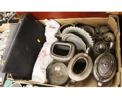 A box of miscellaneous items to include a six place setting canteen of fish cutlery with matching fish servers having ivorine