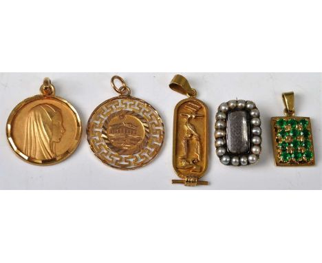 An 18ct gold multi-emerald set pendant, 4g, 15 x 11mm; together with an early 19th century yellow metal seed pearl set mourni