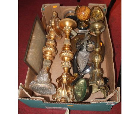 A collection of miscellaneous items, to include a pair of modern ecclesiastical style pricket candlesticks, reproduction comp