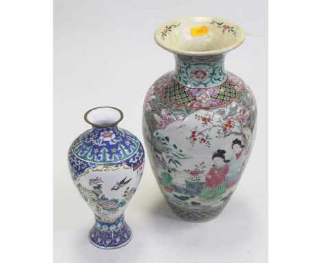 A 19th century Chinese export vase, of baluster form, enamel decorated with figures within a mountain landscape, h.30cm; toge