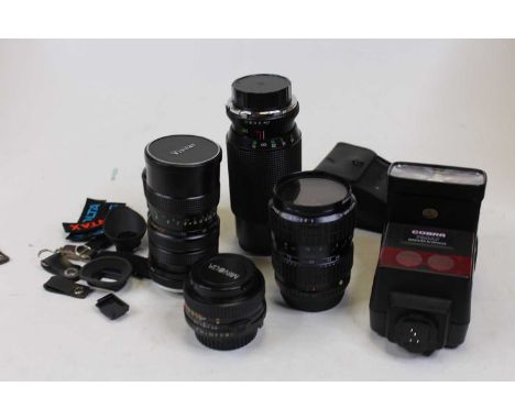 A collection of camera accessories, to include a Cobra 700AF dedicated auto-focus flash, a Chinar 1.4 macro lens, a Minolta M