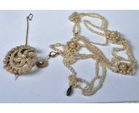 A seed pearl multi-string necklace, having three flowerhead dividers; together with a seed pearl star and crescent brooch, di