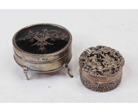 An Edwardian silver ring box, the tortoise shell lid with silver inlay in the form of a basket of flowers; together with a si