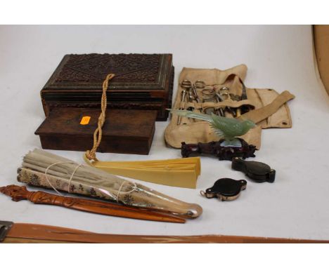 Mixed lot, to include mother of pearl and silk fan, one other, a Moorish carved hardwood box etc 