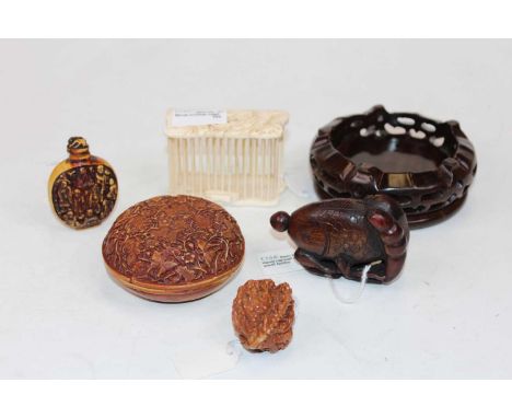 Chinese wares, to include bone cricket cage, carved walnut, carved resin  box, resin scent bottle, carved horn snuff bottle, 