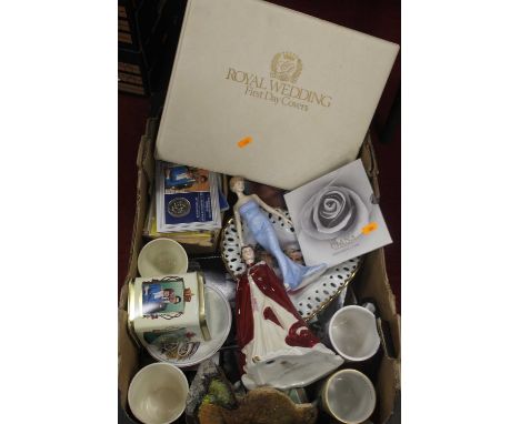 A box of Royal related effects, to include Royal Worcester figurine in celebration of the Queen's 80th Birthday 2006, dressed