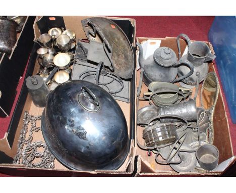 Two boxes of miscellaneous metalware, to include an early 20th century meat cloche, silver plated trophy cups, pewter beaker 