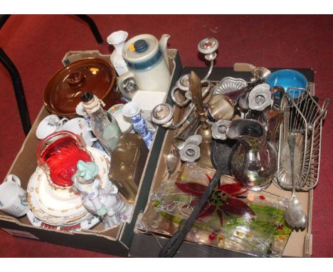 Two boxes of miscellaneous items, to include a Royal Doulton Bunnikins money-box in the form of a book, silver plated candela