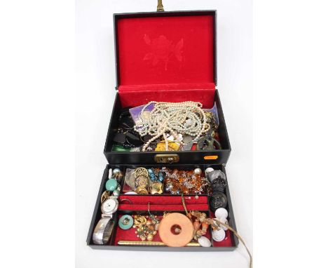 A jewellery box and contents, to include faux jade disc pendant, military buttons, lady's fashion watch etc 