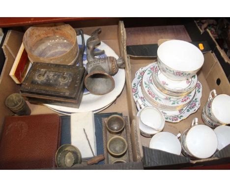 Three boxes of miscellaneous items, to include a plated six-bottle cruet, green glass lamp base, ceramic jelly mould, six-pla