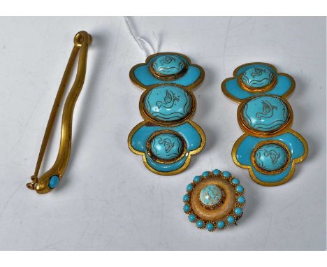 A pair of gilt metal and turquoise set shoe buckles; together with other turquoise set costume jewellery; a pair of yellow me