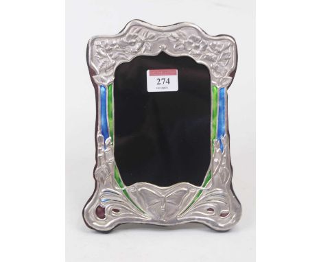 An Art Nouveau style sterling silver and enamel clad easel photograph frame, repousee decorated with flowers and a butterfly,