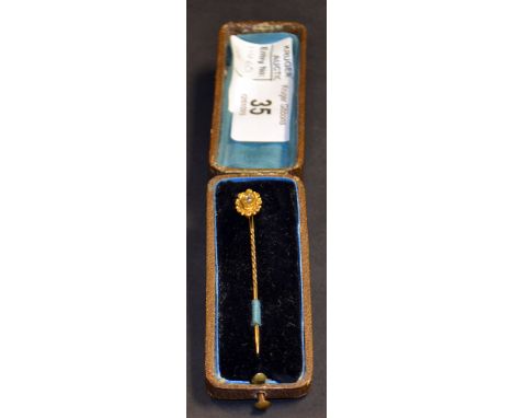 Boxed 15ct gold sapphire and diamond-set stick pin CONDITION REPORT; Case diameter approximately 55mm. Backplate does not clo