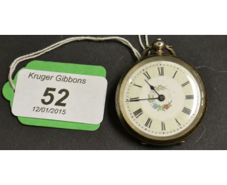 American silver-cased ladies' open-faced pocket watch with painted circular enamel dial with Roman numerals (stamped .800) CO