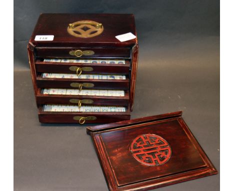 Boxed Mah-Jong set. Each tile measures approximately 18mm wide, 24mm long and 12mm tall