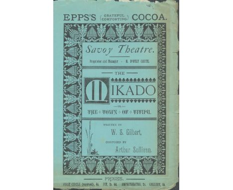 Savoy Theatre, programme. circa. 1885. 5 ½"x8 ½" light blue paper. Japanese opera, in two acts entitled The Mikado, The Town 