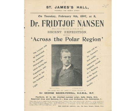 St. Jamess Hall, Piccadilly and Regent Street, programme. Tuesday, February 9th, 1897. 8"x10". Dr Fridtjof Nansen will give a