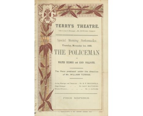 Terrys Theatre, programme. Thursday November 1st, 1888. 5 ¼"x8 ¼". A three act farcical play entitled The Policeman by Walter