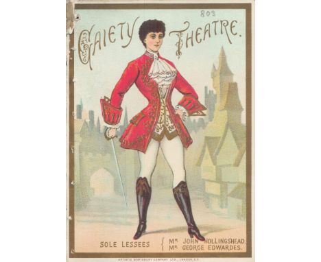 Gaiety Theatre, programme. circa. 1885. 5"x7". A delightful colourful item on two sides, on card. A new three act burlesque o