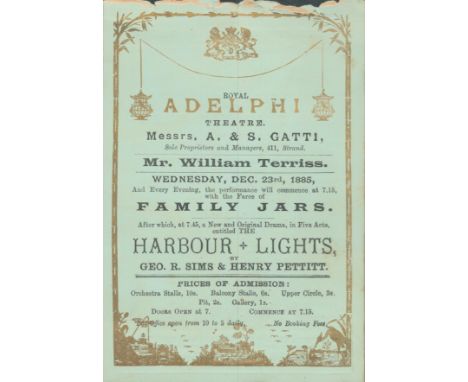 Royal Adelphi Theatre, programme. 1885. 4"x6". Mr William Terris the farce of Family Jars. A new and original drama in five a