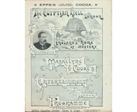 The Egyptian Hall, London, programme. circa. 1890s. 9"x11". Englands Home of Mystery. Sole proprietor Mr J. N. Maskelyne. Mas