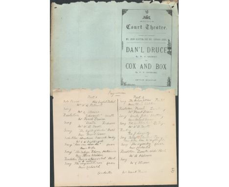 Royal Court Theatre, programme. circa. 1884. 5"x7 ½". Danl Druce by W. S. Gilbert and Cox Box by F. C. Burnand and Arthur Sul