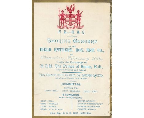FB, HAC, Field Battery, Hon. Art. Co, programme. circa. 1887. 3 ¼"x5". On card with a red crest and gold border. Smoking Conc