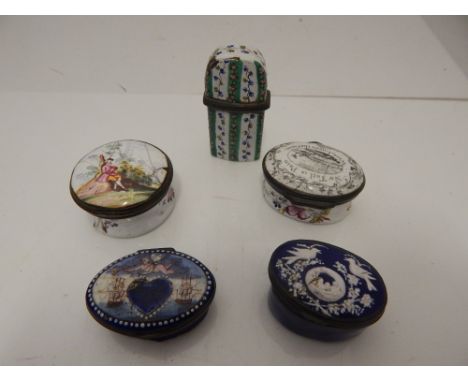 Four late 18th/ early 19th Century Bilston enamel patch boxes, one with motto and an enamelled scent bottle case