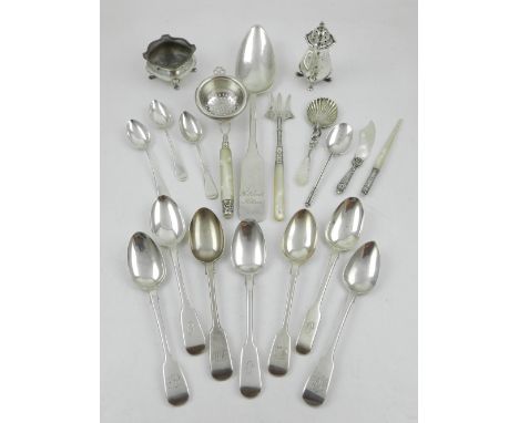 Eleven silver hallmarked spoons, together with a hallmarked pepper pot and salt, scimitar mother of pearl handled paper knife