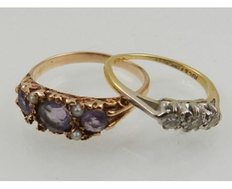 An 18 carat yellow gold, platinum and three stone diamond ring, together with a 9 carat yellow gold, amethyst and seed pearl 