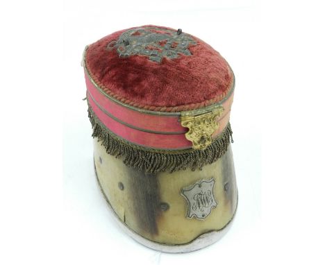 A late 19th century taxidermy horse hoof etui, with pin cushion to top featuring a hunting scene, the interior including a mi