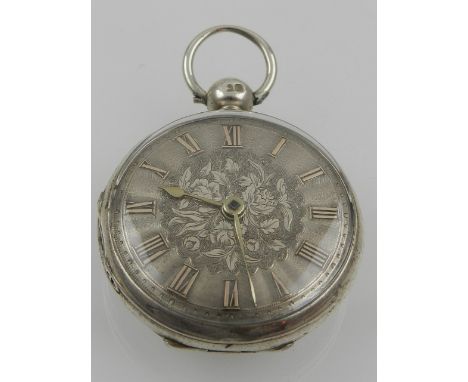 A mid 19th century silver open faced pocket watch, the silver dial marked Roman numerals with engine turned design and floral